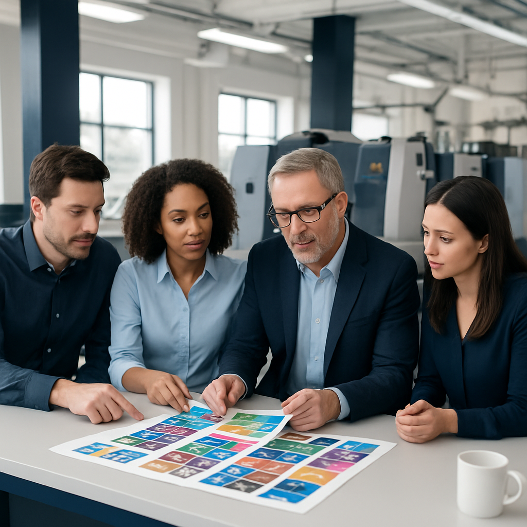 System Graphics print professionals reviewing color proofs in the facility