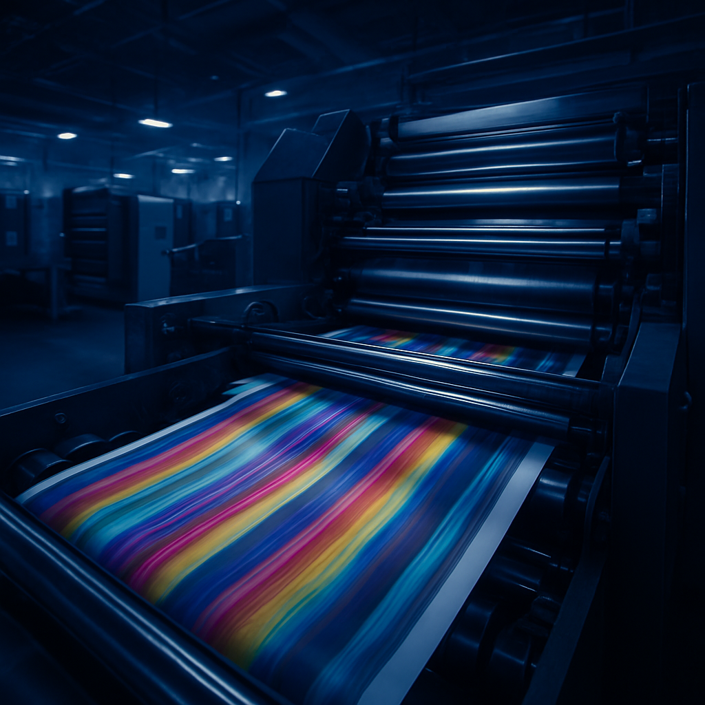 Commercial offset printing press in operation at System Graphics