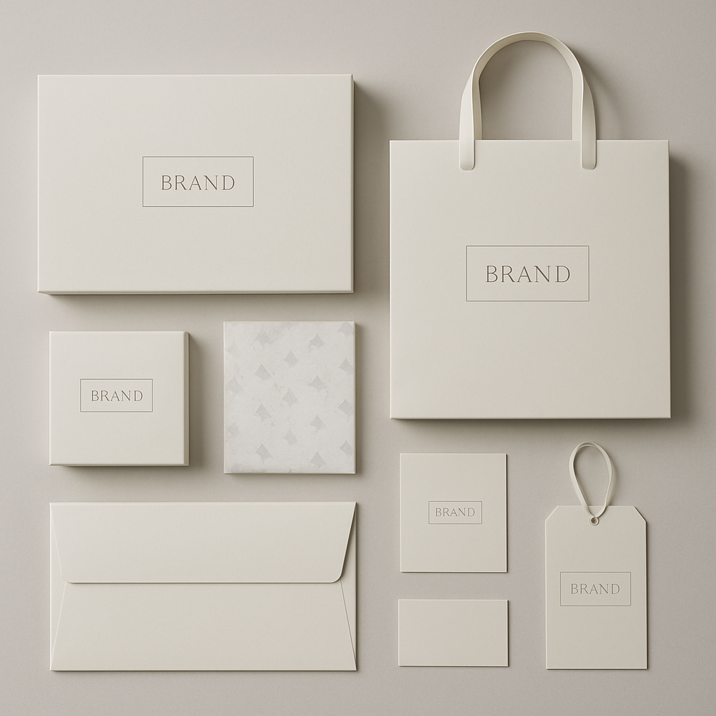 Luxury branded packaging suite with boxes, bags and labels