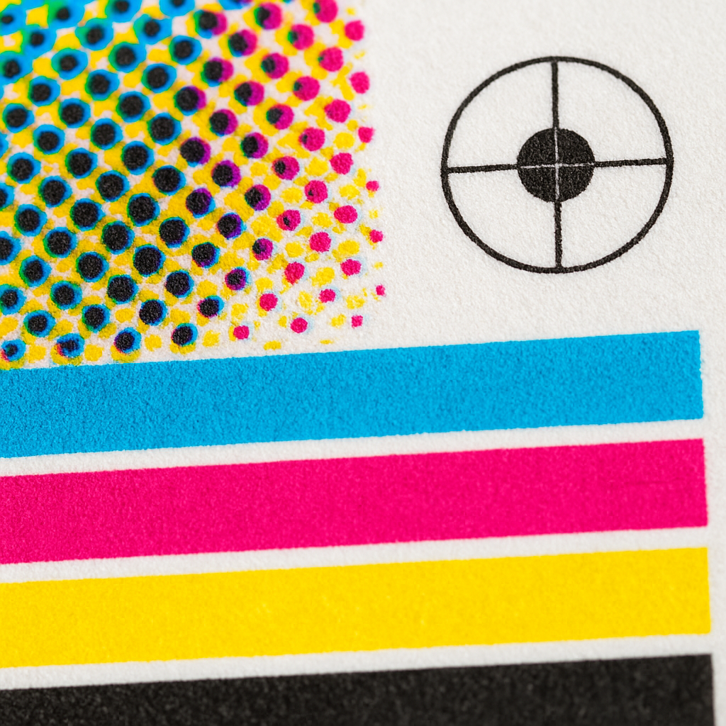 Macro view of CMYK ink dots and color registration on a press sheet